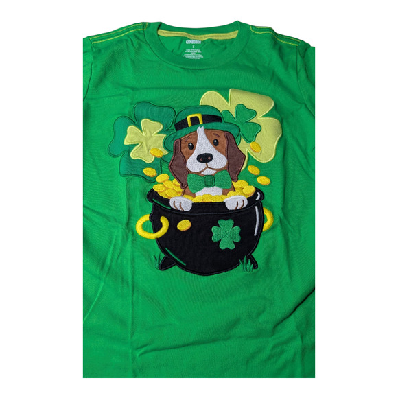 GYMBOREE-Kids-Green Shirt-Size 7- Dog in Pot of Gold and Shamrock-St Patty's Day - Picture 4 of 7